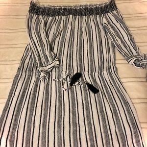 Off the shoulder striped dress with tinsel belt